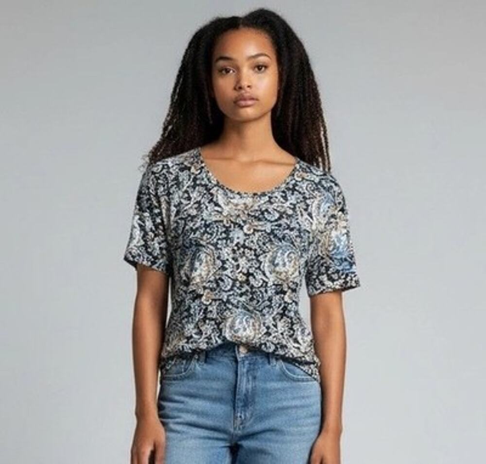 Lucky Brand Blue White Gold Paisley Scoop Neck High Low Top Shirt Large NWOT